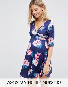 Платье мини для беременных и кормящих с запахом и цветочным принтом ASOS Maternity - Мульти