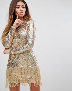 Платье мини с пайетками и бахромой PrettyLittleThing Premium - Золотой