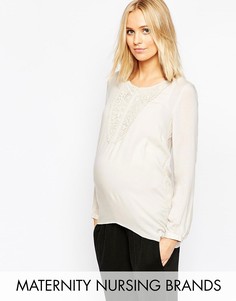 Блузка для кормящих мам с длинными рукавами и отделкой кроше Mamalicious - Кремовый Mama.Licious
