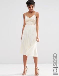 Приталенное платье миди с кружевным лифом и отделкой пайетками ASOS TALL - Бежевый