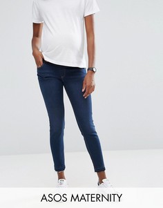 Темные джинсы скинни для беременных с распущенным швом по краю ASOS Maternity Ridley - Синий
