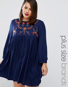 Короткое приталенное платье с вышивкой в народном стиле Alice & You - Темно-синий