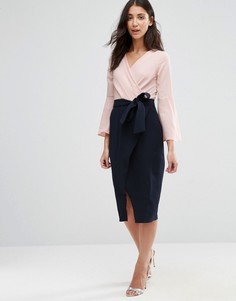 Платье с длинными рукавами и контрастной юбкой с запахом Closet - Мульти