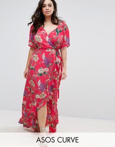Чайное платье макси с рюшами и цветочным принтом ASOS CURVE - Мульти