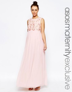 Платье макси с декоративной отделкой и шифоновой юбкой ASOS Maternity - Розовый