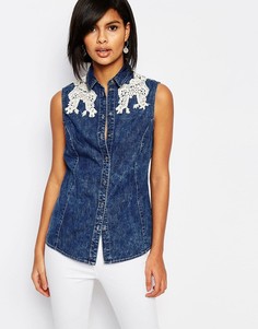 Джинсовая рубашка без рукавов с кружевной отделкой Vero Moda - Синий