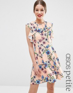 Короткое приталенное платье с оборками и цветочным принтом ASOS PETITE - Розовый