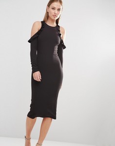 Платье миди с открытыми плечами и оборками Oh My Love - Темно-синий