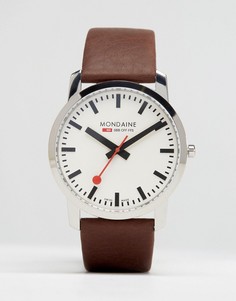 Часы с коричневым кожаным ремешком Mondaine 41 мм - Коричневый