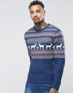 Новогодний джемпер с оленями и вязкой косичкой ASOS - Синий