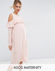 Платье для беременных с рюшами спереди и вырезами на плечах ASOS Maternity - Розовый