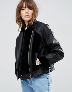 Байкерская куртка из искусственной кожи с меховыми вставками ASOS - Черный