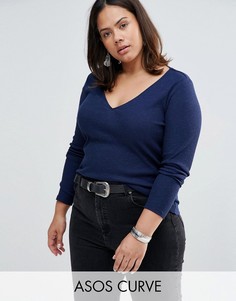 Облегающий меланжевый топ с V-образным вырезом ASOS CURVE - Темно-синий
