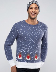Джемпер из пушистой пряжи с зарянками ASOS Christmas - Синий