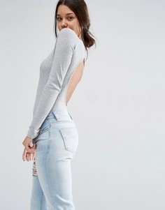 Боди в рубчик с открытой спиной и длинными рукавами ASOS - Серый