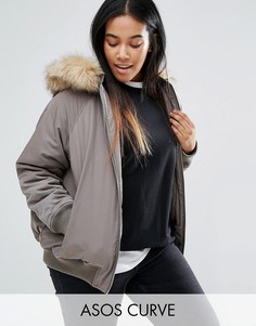 Бомбер с искусственным мехом на капюшоне ASOS CURVE - Зеленый