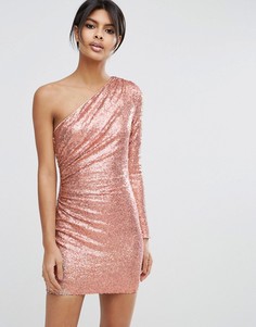 Платье мини на одно плечо с переливающимися пайетками ASOS - Розовый
