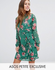 Цельнокройное платье мини с рюшами и цветочным принтом ASOS PETITE - Зеленый