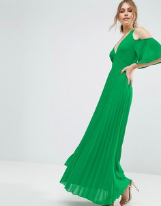 Плиссированное платье макси с открытыми плечами ASOS - Зеленый