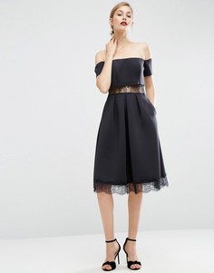 Платье миди с открытыми плечами и кружевными вставками ASOS Premium - Черный