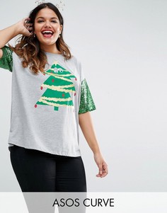 Рождественская футболка с пайетками на рукавах и принтом елки ASOS CURVE - Серый