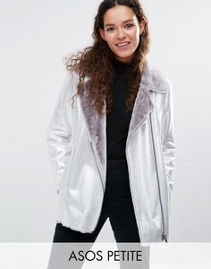 Удлиненная байкерская куртка металлик из искусственной кожи ASOS PETITE - Серебряный