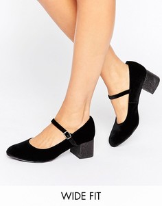 Бархатные туфли для широкой стопы на блочном каблуке с блестками New Look - Черный