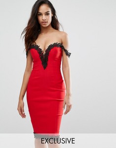 Платье миди с вырезом сердечком и кружевной отделкой Rare London - Красный