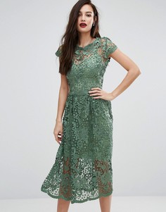 Кружевное приталенное платье миди с короткими рукавами Bodyfrock - Зеленый
