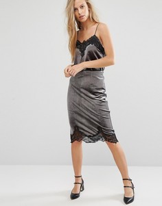 Бархатная юбка с кружевной отделкой Miss Selfridge - Серый