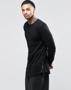 Свободный черный лонгслив с асимметричным краем и молниями ASOS - Черный
