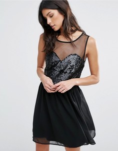 Короткое приталенное платье с топом из сетки и пайеток Pussycat London - Черный