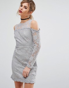 Кружевное платье с вырезами на плечах Fashion Union - Серый