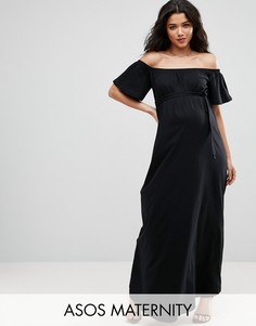 Платье макси с открытыми плечами и завязкой на талии ASOS Maternity - Черный