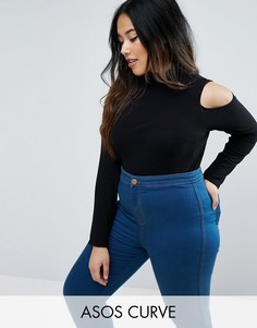 Топ в рубчик с вырезами на плечах и высокой горловиной ASOS CURVE - Черный