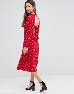 Красное приталенное платье миди с цветочным принтом и открытой спиной ASOS - Мульти