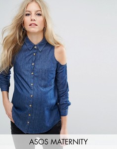 Темная джинсовая рубашка с вырезами на плечах ASOS MATERNITY - Синий