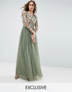 Платье макси с вышивкой и длинными рукавами Needle and Thread - Зеленый