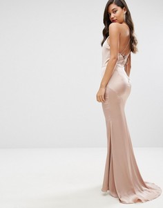 Атласное платье макси с высокой горловиной и шнуровкой сзади Jarlo - Розовый