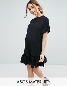 Платье-футболка с рюшами по краю ASOS Maternity - Черный