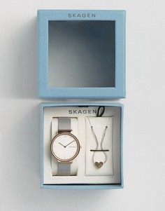 Часы с сетчатым ремешком и подвеска с сердечком Skagen - Серебряный
