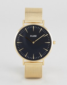 Золотистые часы с сетчатым браслетом и черным циферблатом CLUSE La Boheme - Золотой