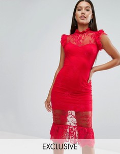 Кружевное платье миди с оборкой и высокой горловиной NaaNaa - Красный