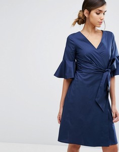 Платье-рубашка с расклешенными рукавами и запахом Closet - Темно-синий
