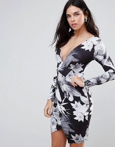 Платье с длинными рукавами, пальмовым принтом и запахом Jessica Wright - Черный