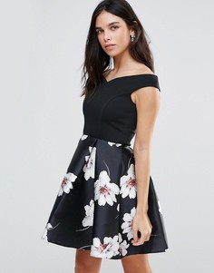 Платье с вырезом и короткой приталенной юбкой с цветочным принтом Jessica Wright - Черный
