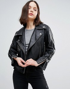 Кожаная байкерская куртка с отделкой заклепками Urbancode - Черный