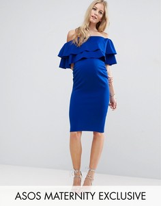 Платье с открытыми плечами и широкими оборками ASOS Maternity - Синий