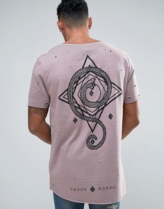 Длинная футболка с принтом на спине и рваной отделкой ASOS - Коричневый