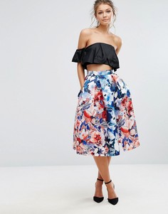 Атласная юбка миди для выпускного с цветочным принтом Closet London - Мульти